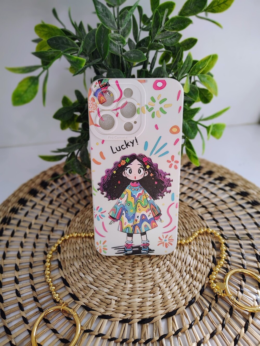 Cute 'Lucky!' Cartoon Girl IPhone 15 Pro Max Case — White with Multicolor Art